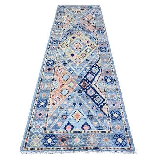 Tribal & Geometric Wool Hand Knotted Rug Blue Blue 3.2X10.1 -O088374