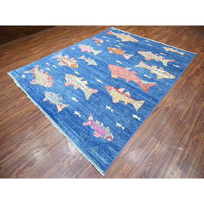 Modern and Contemporary Wool Hand Knotted Rug Blue No Border 7.11X9.11 -O088389