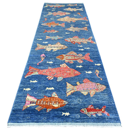 Modern and Contemporary Wool Hand Knotted Rug Blue No Border 3.11X11.7 -O088391