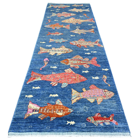 Modern and Contemporary Wool Hand Knotted Rug Blue No Border 3.11X11.7 -O088391