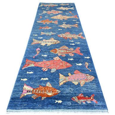 Modern and Contemporary Wool Hand Knotted Rug Blue No Border 3.11X11.7 -O088391