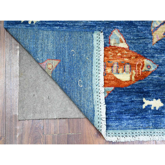 Modern and Contemporary Wool Hand Knotted Rug Blue No Border 3.11X11.7 -O088391