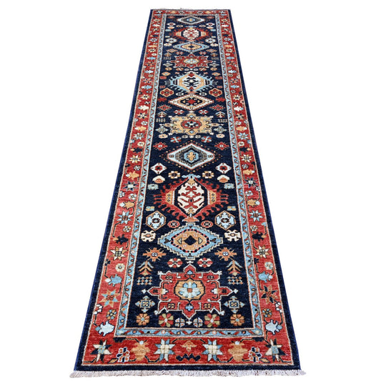 Oushak And Peshawar Wool Hand Knotted Rug Blue Barn Red 2.7X11.8 -O088403