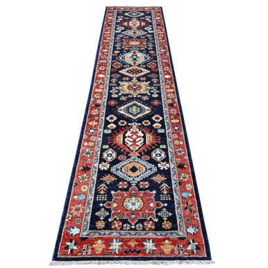 Oushak And Peshawar Wool Hand Knotted Rug Blue Barn Red 2.7X11.8 -O088403