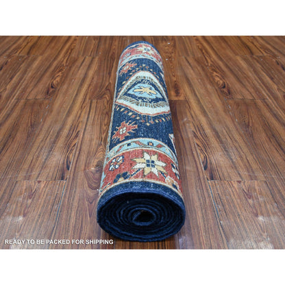 Oushak And Peshawar Wool Hand Knotted Rug Blue Barn Red 2.7X11.8 -O088403