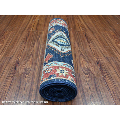 Oushak And Peshawar Wool Hand Knotted Rug Blue Carmine Red 2.6X11.8 -O088407