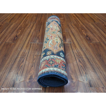 Oushak And Peshawar Wool Hand Knotted Rug Blue Harvard Crimson Red 2.7X9.8 -O088408