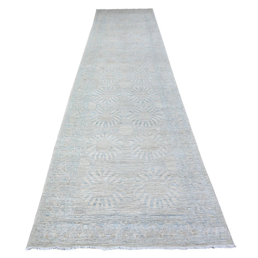 Oushak And Peshawar Wool Hand Knotted Rug Grey Gray 3.8X15.0 -O088419