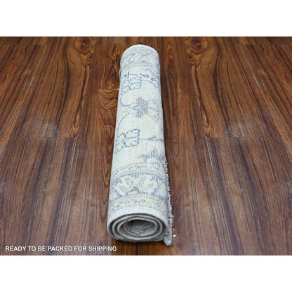 Oushak And Peshawar Wool Hand Knotted Rug Ivory Blue 1.10X3.0 -O088424
