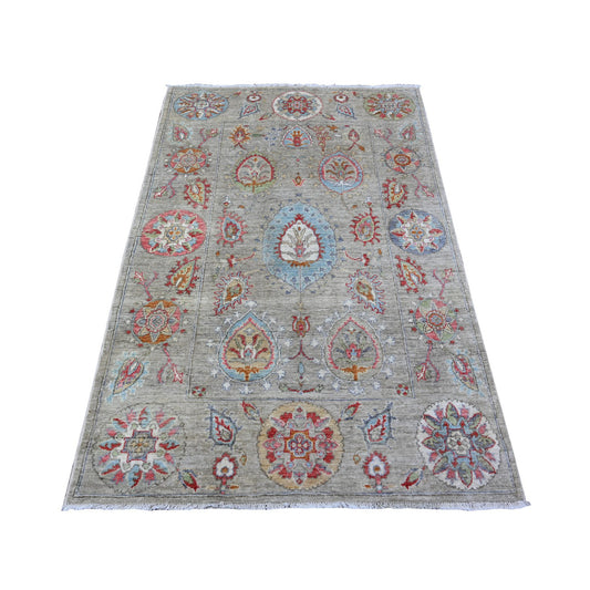 Oushak And Peshawar Wool Hand Knotted Rug Grey No Border 4.0X5.11 -O088483