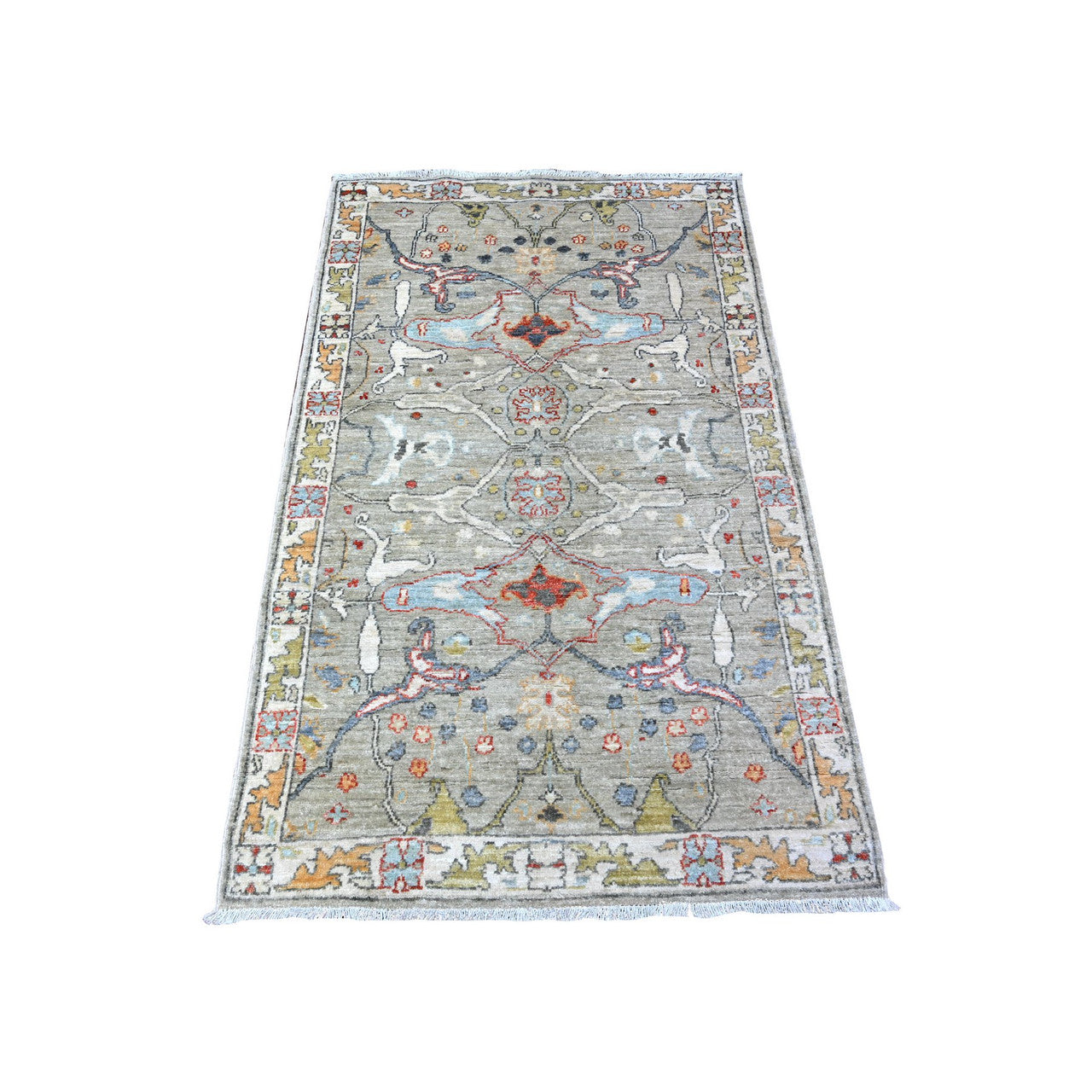 Oushak And Peshawar Wool Hand Knotted Rug Grey Ivory 3.1X4.11 -O088497