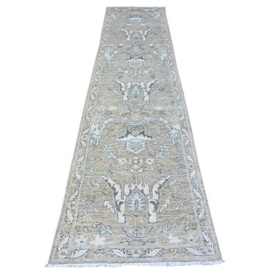 Oushak And Peshawar Wool Hand Knotted Rug Grey Gray 2.9X11.6 -O088534