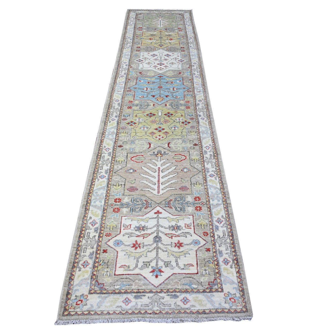 Gray 2'8" x 12'1" Oushak And Peshawar Link Hand knotted Wool Rug - Sku: O088546