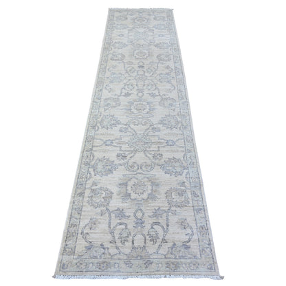 Oushak And Peshawar Wool Hand Knotted Rug Ivory Blue 2.6X9.10 -O088550