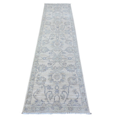 Oushak And Peshawar Wool Hand Knotted Rug Ivory Blue 2.6X9.10 -O088550