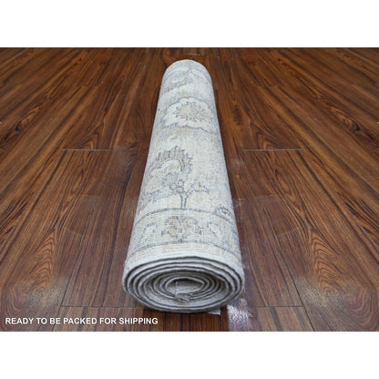 Oushak And Peshawar Wool Hand Knotted Rug Ivory Blue 2.6X9.10 -O088550