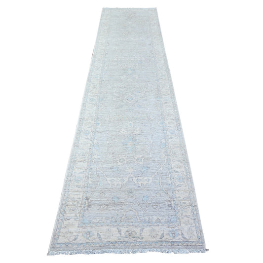 Oushak And Peshawar Wool Hand Knotted Rug Grey White 2.8X11.6 -O088554