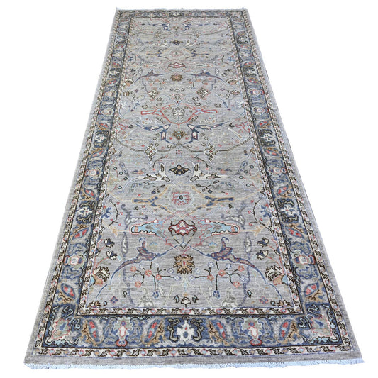 Oushak And Peshawar Wool Hand Knotted Rug Grey Pigeon Gray 3.10X9.10 -O088619