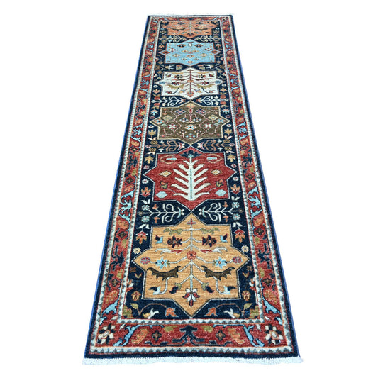 Oushak And Peshawar Wool Hand Knotted Rug Blue Harvard Crimson Red 2.6X9.8 -O088623