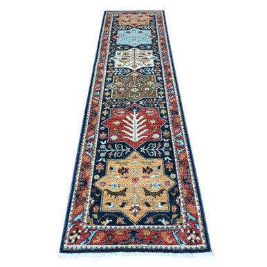 Oushak And Peshawar Wool Hand Knotted Rug Blue Harvard Crimson Red 2.6X9.8 -O088623