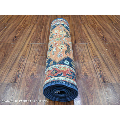 Oushak And Peshawar Wool Hand Knotted Rug Blue Harvard Crimson Red 2.6X9.8 -O088623