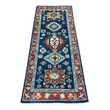 Oushak And Peshawar Wool Hand Knotted Rug Blue Fire Brick Red 2.6X6.1 -O088625