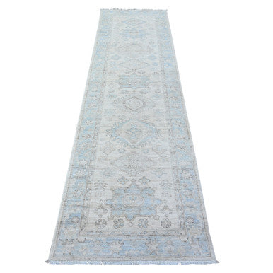 Oushak And Peshawar Wool Hand Knotted Rug Ivory Blue 2.7X9.5 -O088636