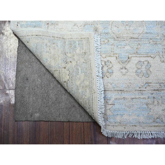 Oushak And Peshawar Wool Hand Knotted Rug Ivory Blue 2.7X9.5 -O088636