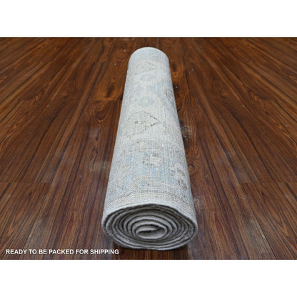 Oushak And Peshawar Wool Hand Knotted Rug Ivory Blue 2.7X9.5 -O088636