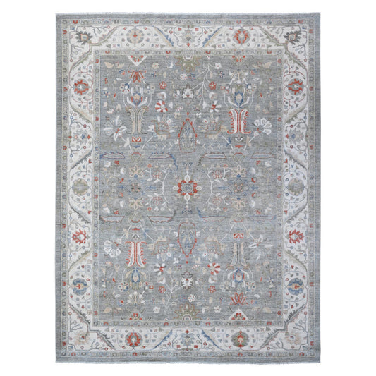Oushak And Peshawar Wool Hand Knotted Rug Grey Ivory 9.2X11.10 -O088643