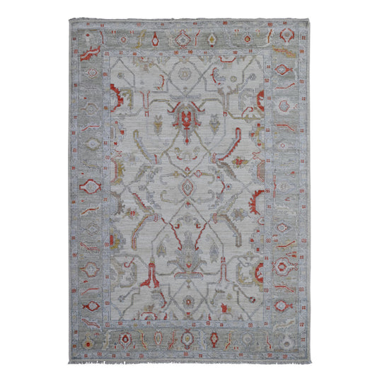 Oushak And Peshawar Wool Hand Knotted Rug Ivory Green 6.1X8.8 -O088698
