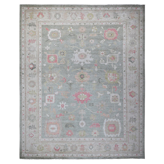 Oushak And Peshawar Wool Hand Knotted Rug Green Gray 12.2X14.5 -O088775