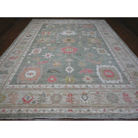 Oushak And Peshawar Wool Hand Knotted Rug Green Gray 12.2X14.5 -O088775