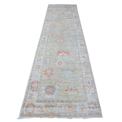 Oushak And Peshawar Wool Hand Knotted Rug Green Silver 3.1X11.8 -O088827