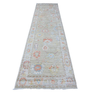Oushak And Peshawar Wool Hand Knotted Rug Green Silver 3.1X11.8 -O088827