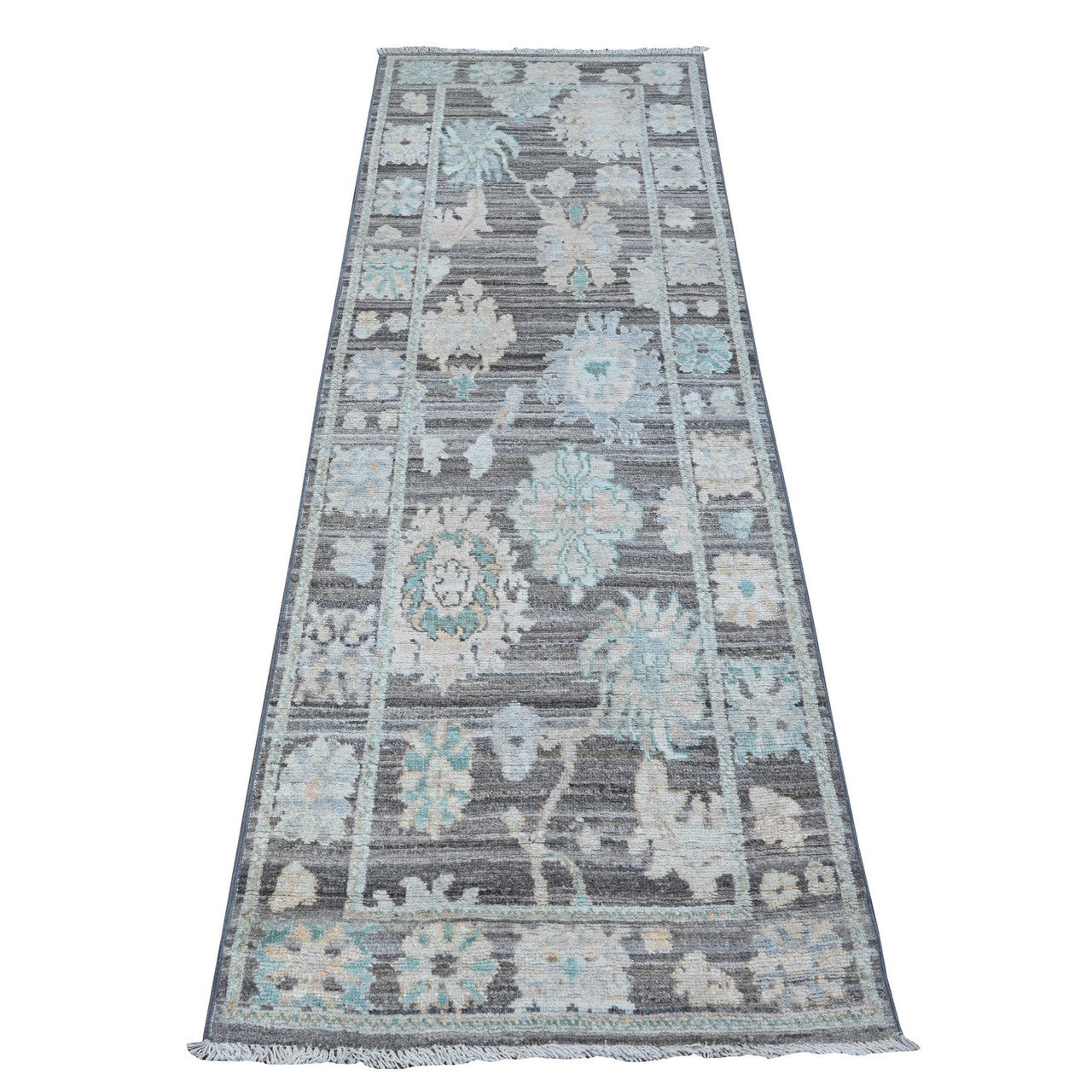 Gray 2'8" x 7'9" Oushak And Peshawar Hand knotted Wool Rug - Sku: O088832