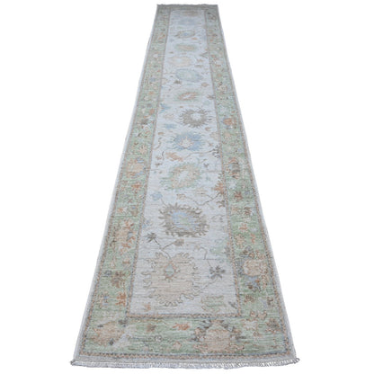 Oushak And Peshawar Wool Hand Knotted Rug Grey Green 2.8X15.4 -O088834