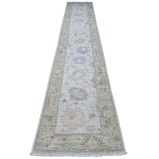 Oushak And Peshawar Wool Hand Knotted Rug Grey Green 2.8X15.4 -O088834