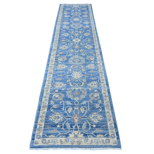 Oushak And Peshawar Wool Hand Knotted Rug Blue Ivory 2.7X11.8 -O088884