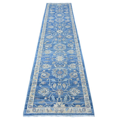 Oushak And Peshawar Wool Hand Knotted Rug Blue Ivory 2.7X11.8 -O088884