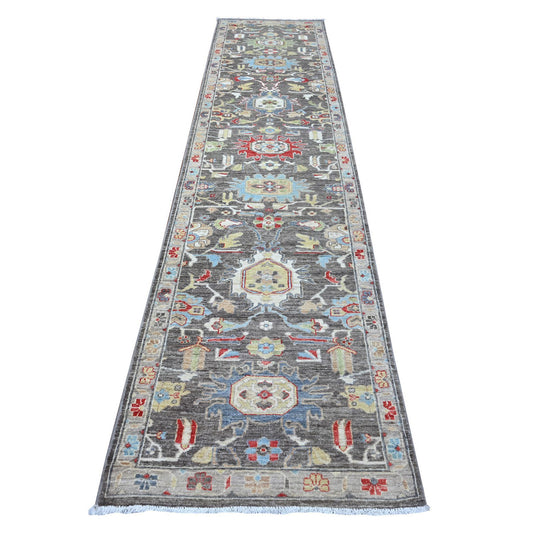 Heriz Wool Hand Knotted Rug Black Silver 2.10X12.5 -O088887
