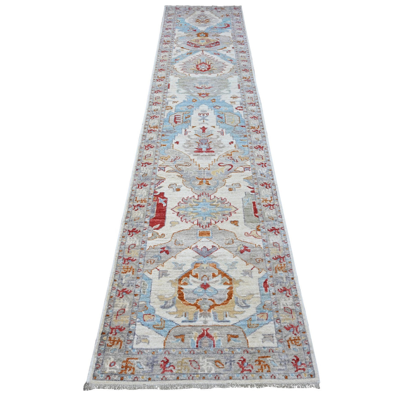 Ivory 2'6" x 12'4" Tribal & Geometric Hand knotted Wool Rug - Sku: O088889