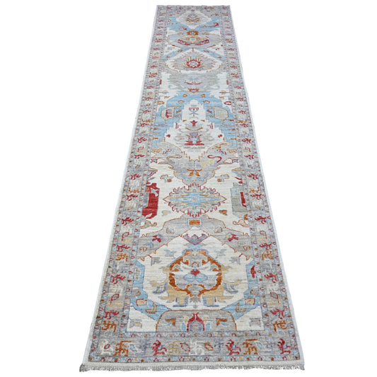 Tribal & Geometric Wool Hand Knotted Rug Ivory Gray 2.6X12.4 -O088889
