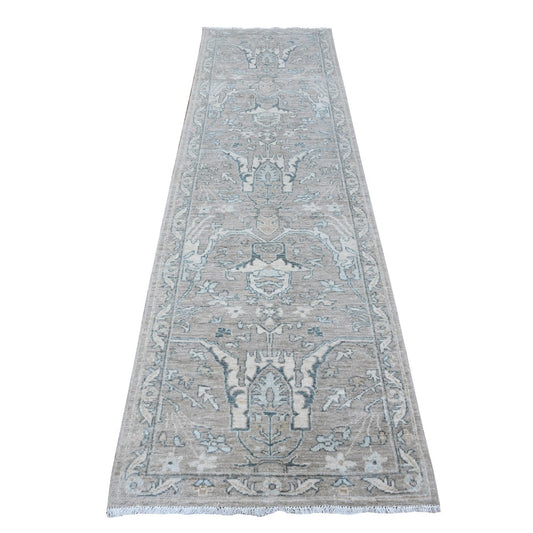 Oushak And Peshawar Wool Hand Knotted Rug Grey Gray 2.9X9.7 -O088895
