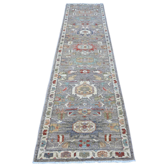 Heriz Wool Hand Knotted Rug Black Ivory 2.10X11.10 -O088896