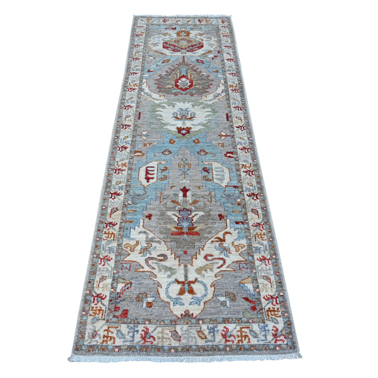 Gray 2'5" x 7'8" Tribal & Geometric Hand knotted Wool Rug - Sku: O088901