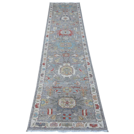 Tribal & Geometric Wool Hand Knotted Rug Black Ivory 2.5X9.9 -O088902