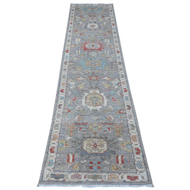 Tribal & Geometric Wool Hand Knotted Rug Black Ivory 2.5X9.9 -O088902