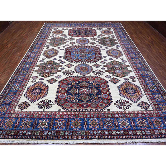 Kazak Wool Hand Knotted Rug Ivory Blue 9.1X12.2 -O088916