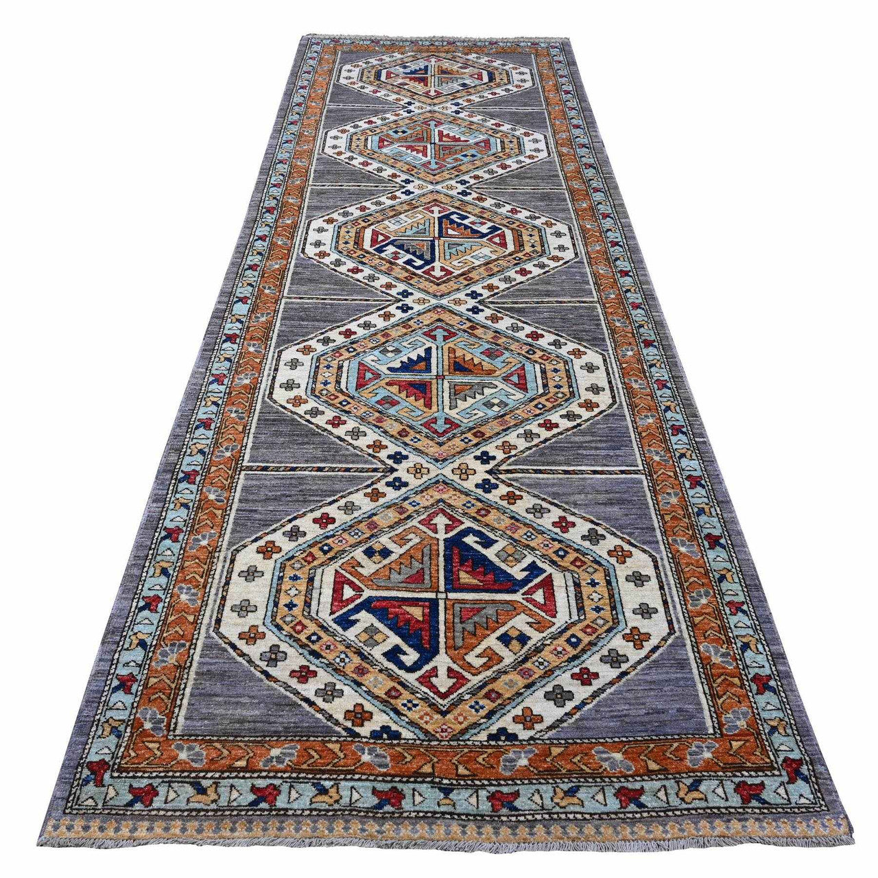 Gray 4'1" x 11'9" Tribal & Geometric Hand knotted Wool Rug - Sku: O088927